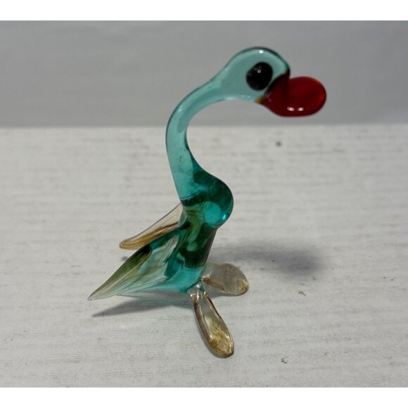 Hand Blown Glass Duck Figurine Aquamarine Blue With Red Beak & Clear Feet 2.5" - Picture 4 of 7